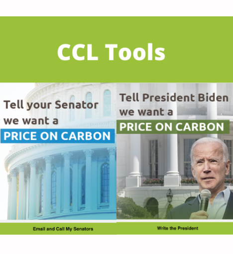 Images from the CCL website of tools used to contact senators and the president about carbon pricing. 