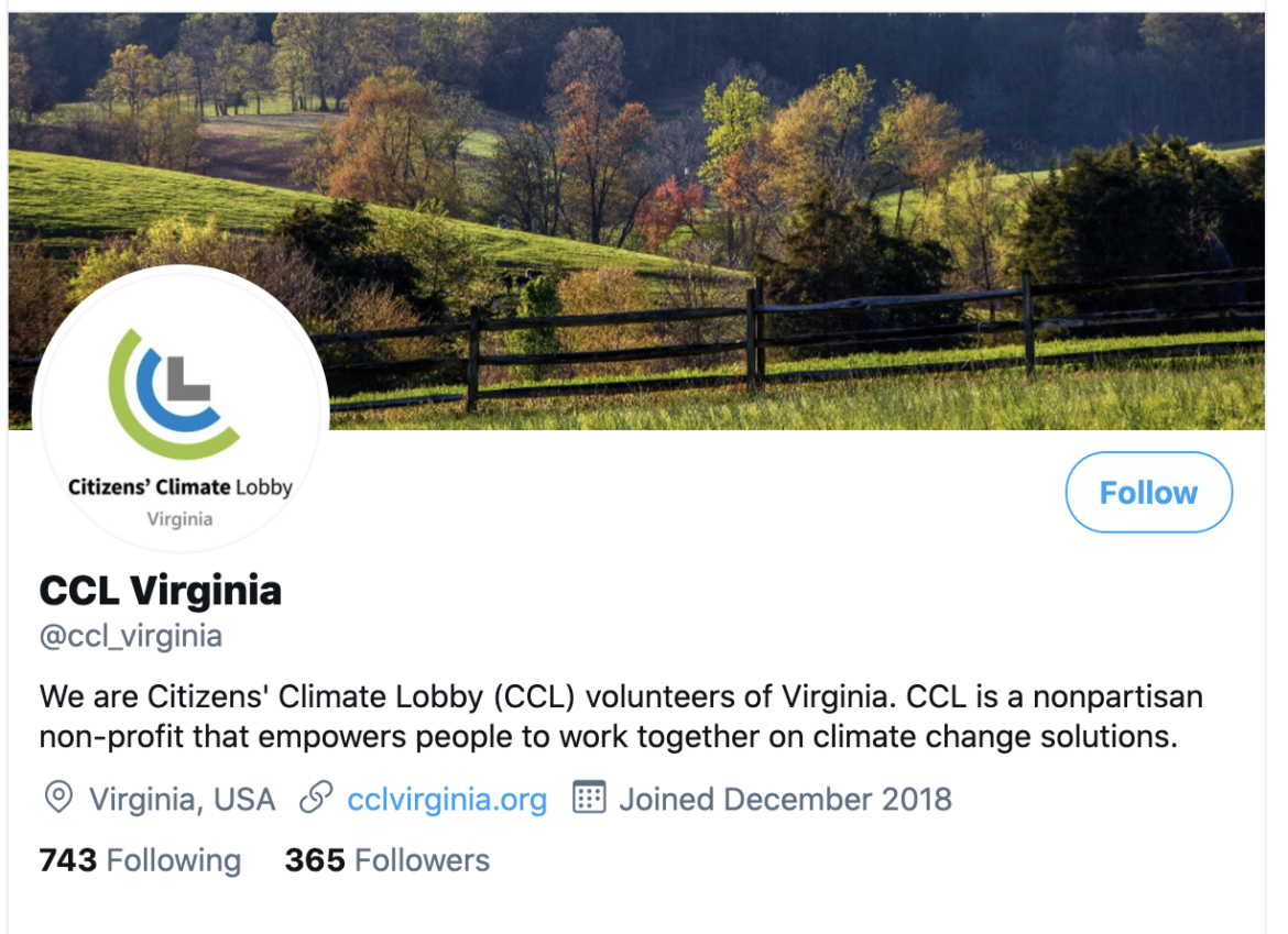 screenshot of CCL Virginia's Twitter page