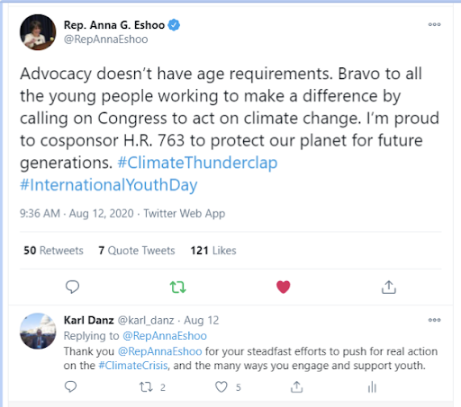 Screenshot of Congresswoman Anna Eshoo's tweet in support of young climate advocates. 