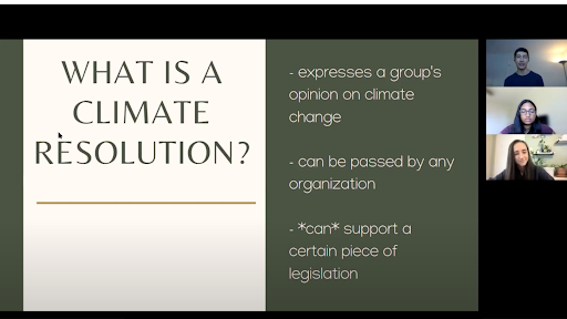 Screenshot of a zoom call where a slide is being shared that says "What is a climate resolution". There are images on the side of panelists and attendees of the workshop. 