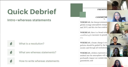 Screenshot of a zoom meeting where panelists are teaching students about Whereas statements. A screen is being shared in the meeting with details and attendees are pictured on the right.