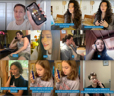 Collage of images of young volunteers on their cell phones with captions of the script they are reading from.
