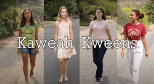 Anna and 3 friends walking towards the camera with the text "Kaweah Kweens" written across the image. 