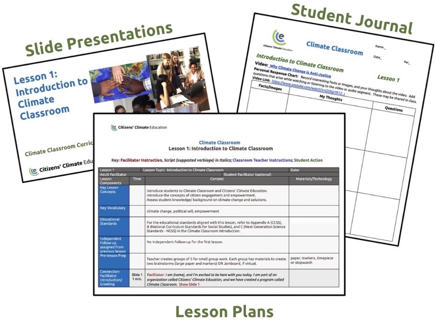 Pictures of Climate Classroom lesson plans, slide presentations, and student journal
