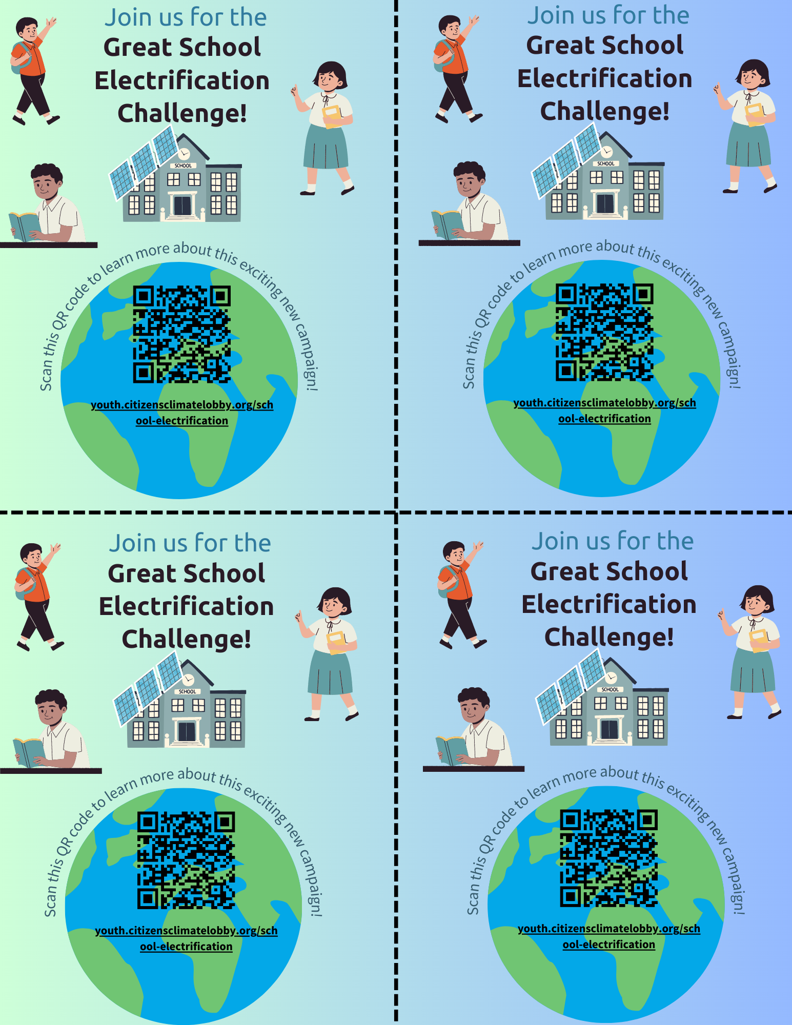 The Great School Electrification Challenge quarter page flyers with QR code to information. Graphics of students, a school, and earth can be seen in a blue and green background gradient