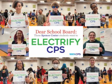 A collage of students from Spencer Center High School, Cincinnati holding up signs to electrify Cincinnati Public Schools
