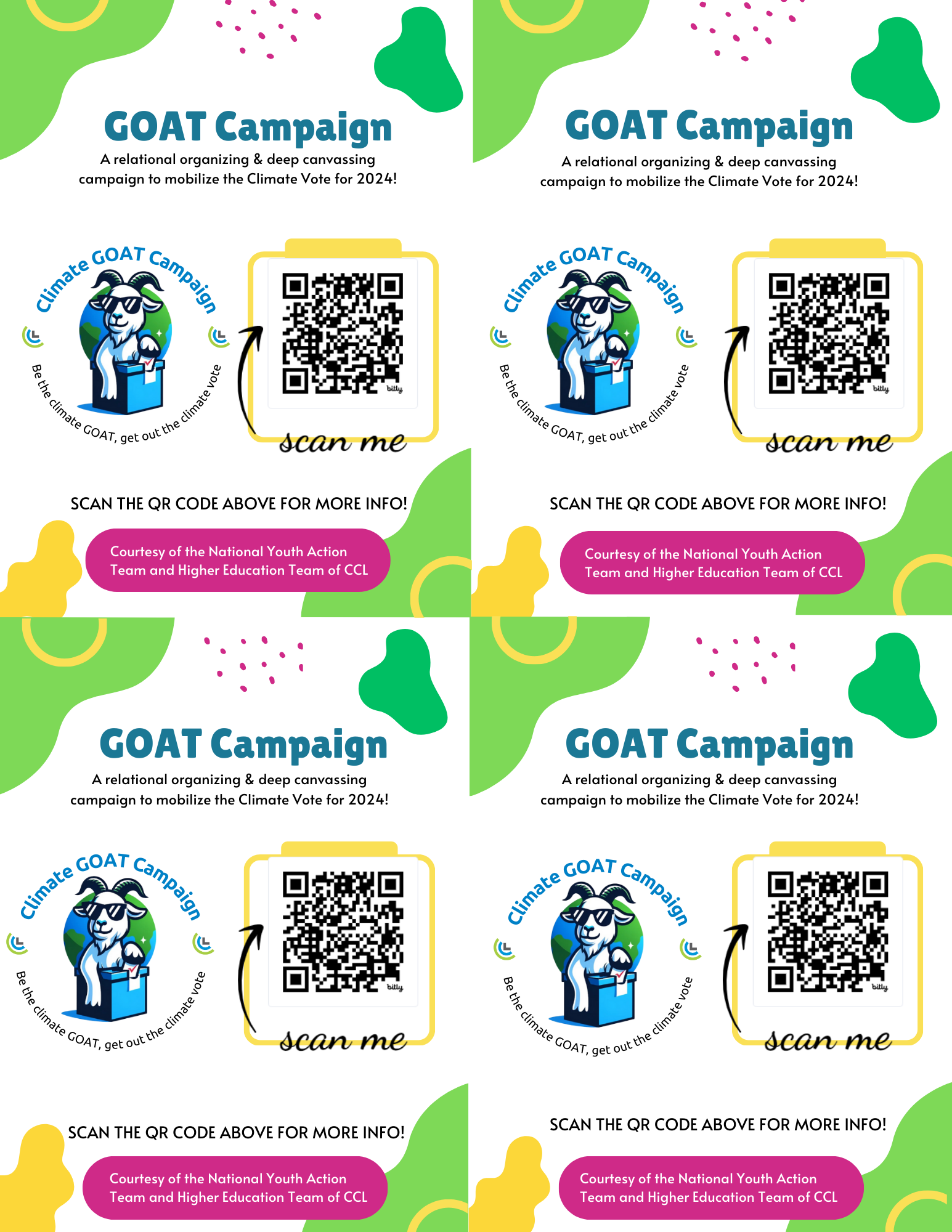 The Climate GOAT Campaign quarter page flyers with QR code to information. Graphics of a GOAT wearing sunglasses next to a voting booth can be seen in a yellow and green background